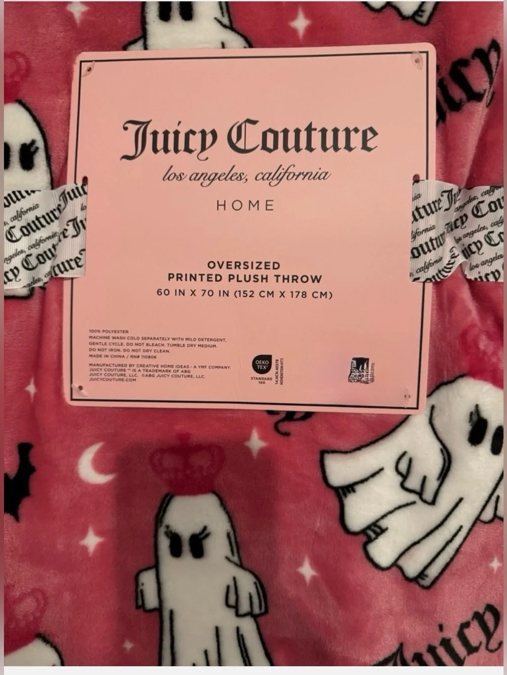 Juicy Couture Halloween Pink Ghost Crown, Logo, Bats Plush Throw Blanket 60x70